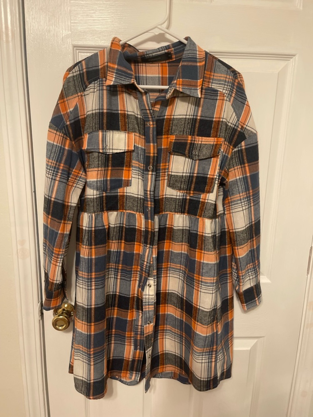 Girls Orange Navy Plaid Button-Front Dress